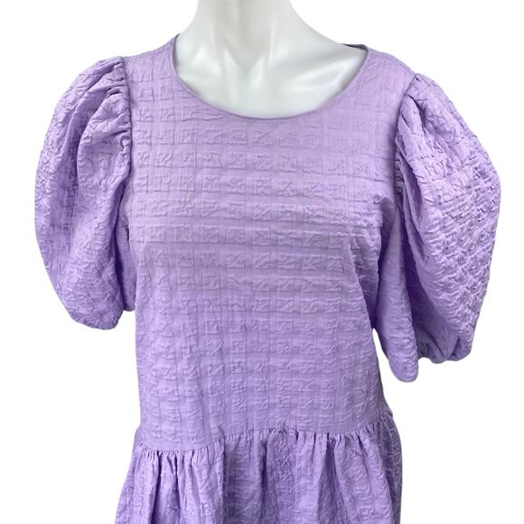 Enghlish Factory Purple Jacquard Short Puff Sleeve Tie Back Mini A-Line Dress L - Picture 3 of 5